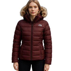 The North Face Women's Maroon Puffer Jacket with Faux Fur Hood